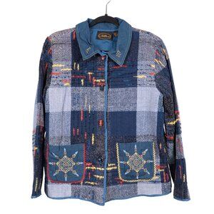 Allure VTG Patchwork Knit Jacket S Womens Blue Pockets Buttons 90s Jean Collar